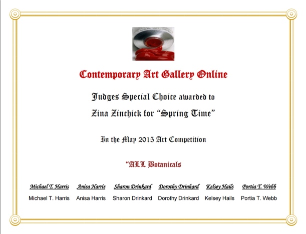 Certificate of Contemporary Art Gallery Special Choice award for Frozen Spring art